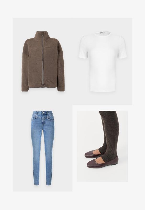 Veste en polaire marron avec un col haut, fermeture à glissière et surface texturée. Comprend des manches longues et une coupe décontractée.; T-shirt blanc à manches courtes, côtelé, col rond avec une coupe ajustée et une petite étiquette de marque à l'intérieur du col.; Jean skinny en denim bleu clair avec une taille haute, deux poches avant et une braguette zippée. Présente une texture lisse et un léger effet délavé.; Ballerines en cuir verni bourgogne à bout carré, accompagnées de chaussettes en tricot côtelé marron foncé atteignant le molet.