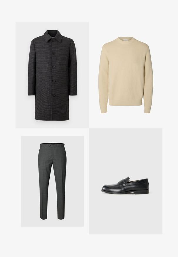 Grå ternet frakke med lige snit, spids krave og fem sorte knapper. Har lange ærmer og sidelommer.; Enkel beige crewneck striktrøje med lange ærmer og ribstrikkede manchetter og kant.; Mørkegrå skræddersyede formelle bukser med knaplukning og bæltestropper, vist mod en lysegrå baggrund.; Sorte læder loafers med rund tå, syet detaljer og en flad gummisål. Har en bred rem over vristen.
