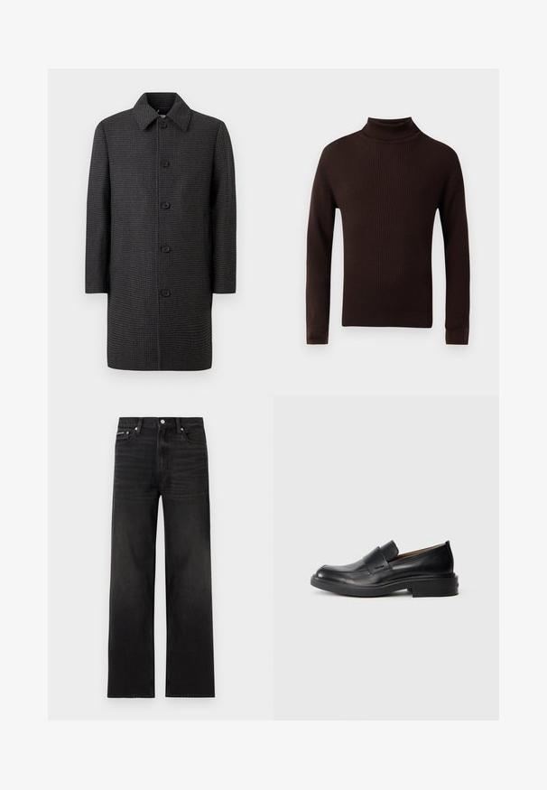 Grå ternet frakke med lige snit, spids krave og fem sorte knapper. Har lange ærmer og sidelommer.; Brun ribbet rullekravesweater lavet af strikket stof, med lange ærmer og en tætsiddende design med en blød tekstur. Uden mønstre eller detaljer.; Sorte jeans med lige ben, fem-lomme design, bæltestropper og knaplukning, vist på en hvid baggrund.; Sorte læder slip-on dress sko med lav hæl og subtil Calvin Klein logo på siden, vist i profil på en hvid baggrund.