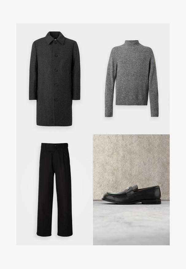 Grå ternet frakke med lige snit, spids krave og fem sorte knapper. Har lange ærmer og sidelommer.; Grå spottet strikket sweater med høj krave, lange ærmer og ribstrikkede manchetter og bund.; Sorte bukser lavet af glat stof, med lige ben, frontfolder og en enkelt knaplukning i taljen.; Sort læderloafer med metalbrandskilt hvilende nær et brunt rundt bord på beige tæppe.
