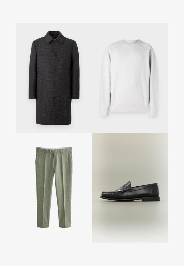Grå ternet frakke med lige snit, spids krave og fem sorte knapper. Har lange ærmer og sidelommer.; Lys grå crew neck sweatshirt med lange ærmer, ribbede manchetter og kant, vist mod en hvid baggrund.; Bukser lavet af tekstureret, lysegrønt stof med lige pasform, forlommer og knaplukning i taljen.; Sort læder herresko med moc-toe-design, penny-rem og lav hæl på en neutral baggrund.