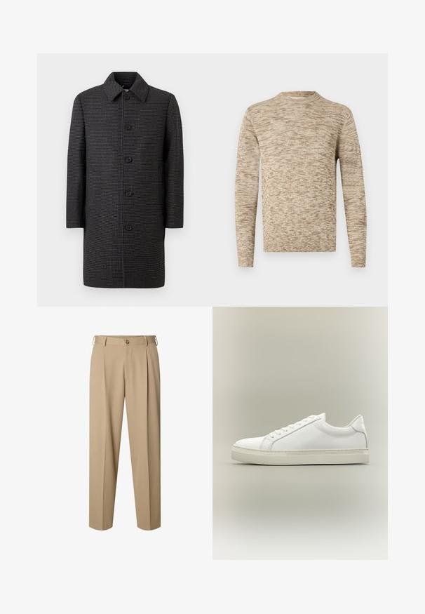 Grau kariert Mantel mit geradem Schnitt, spitzem Kragen und fünf schwarzen Knöpfen. Mit langen Ärmeln und Seitentaschen ausgestattet.; Beige und hellbrauner Melange-Strickpullover mit langen Ärmeln und einem gerippten Rundhalsausschnitt sowie Saum, präsentiert vor einem weißen Hintergrund.; Beige maßgeschneiderte Hose mit vorderen Falten, Gürtelschlaufen, Knopfverschluss und geradem Bein.; Weißer Sneaker mit niedrigem Schaft, vorn mit Schnürung und dicker Sohle, aus der Seitenansicht vor neutralem Hintergrund.