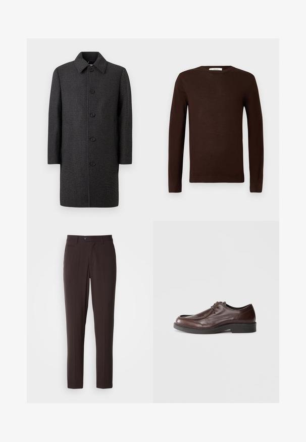Grå ternet frakke med lige snit, spids krave og fem sorte knapper. Har lange ærmer og sidelommer.; Mørkebrun langærmet crewneck sweater med ribbede manchetter og kant, præsenteret på en plain hvid baggrund.; Mørkebrune skræddersyede bukser i glat stof med flad front, sidelommer og knaplukning. Bukserne har lige ben og intet synligt mønster.; Brune lædersko med rund tå, minimal syning og en solid sort sål. Har snørelukning og en glat overflade.