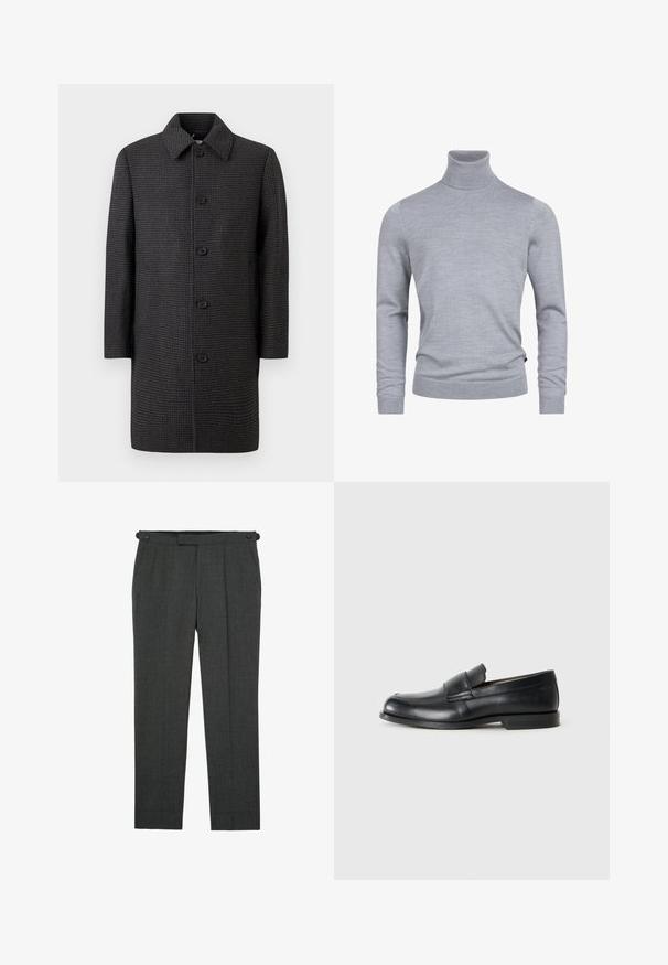 Abrigo gris a cuadros con corte recto, cuello de pico y cinco botones negros. Cuenta con mangas largas y bolsillos laterales.; Suéter gris de cuello tortuga hecho de un suave tejido de punto. Cuenta con mangas largas y un diseño ajustado con puños y dobladillo acanalados. Textura simple y suave.; Pantalones formales gris oscuro con botones ajustables en los laterales y pliegues delanteros, corte de pierna recta y bolsillos laterales.; Mocasines de cuero negro con punta redondeada, detalles cosidos y suela plana de goma. Presentan una banda ancha sobre el empeine.