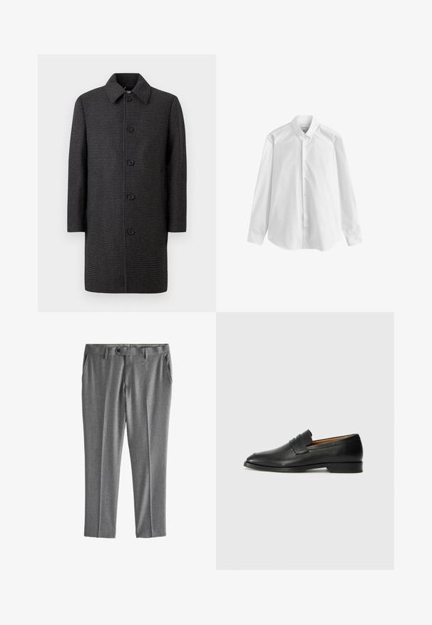 Grå ternet frakke med lige snit, spids krave og fem sorte knapper. Har lange ærmer og sidelommer.; Hvid bomulds skjorte med lange ærmer, spidse krave, fuld knaplukning foran og afrundet kant. Glat tekstur, ingen mønstre eller detaljer.; Grå formelle bukser med bæltestropper, frontknaplukning og sidelommer, vist fladt på hvid baggrund.; Sort læder loafer med rund tå, diskret syning, og lav hæl, der har en glat tekstur og minimalistisk design.