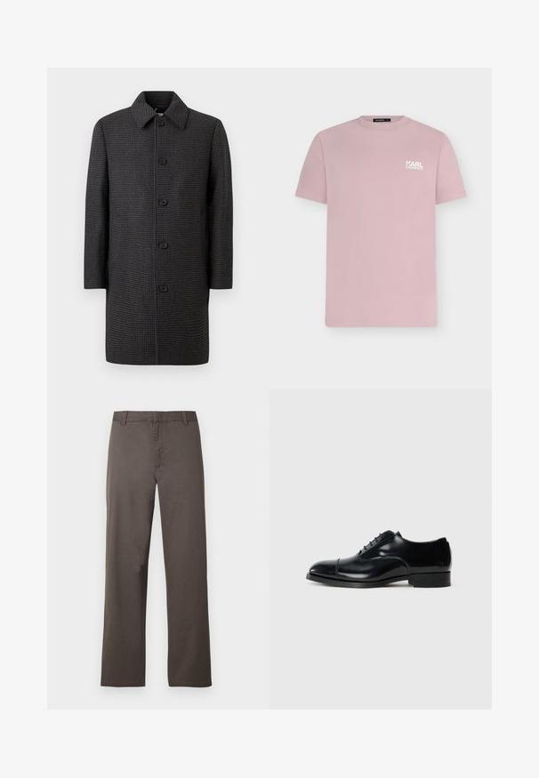 Grå ternet frakke med lige snit, spids krave og fem sorte knapper. Har lange ærmer og sidelommer.; Lyserød t-shirt med korte ærmer og rund hals med lille hvid "KARL LAGERFELD" logo på venstre bryst.; Brune bomuldsbukser med et design i lige ben, der har bæltestropper og en glat tekstur. Ingen synlige mønstre eller hardware-detaljer.; Sort læder dress sko med en poleret finish, afrundet tå, snøredesign og en lav stablet hæl, der har en subtil sømdetalje.
