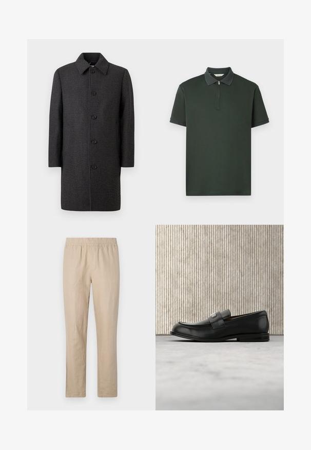 Grå ternet frakke med lige snit, spids krave og fem sorte knapper. Har lange ærmer og sidelommer.; Mørkegrøn polo shirt med korte ærmer, lynlås krave og kontrasterende tekstureret kravekant. Lavet af glat stof med et minimalistisk design.; Beige linnedbukser med elastisk talje, lige bendesign og minimale sømme for en glat tekstur og letfølt.; Sort læderloafer med metalbrandskilt hvilende nær et brunt rundt bord på beige tæppe.