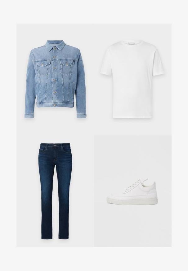 Lyseblå denimjakke med krave, seks knaplukninger, to brystlommer og minimal slid på stoffet.; Hvid kortærmet t-shirt lavet af bomuld. Har en rund halsudskæring og lige kant. Ingen mønstre eller udsmykninger. Enkel design.; Mørkeblå denimjeans med lige ben, der har standard knap- og lynlåslukning, fem lommer og let lysning.; Hvid lædersneaker med rundet tå, flad sål og snørebånd foran. Har syningsdetaljer og polstret krave for komfort.