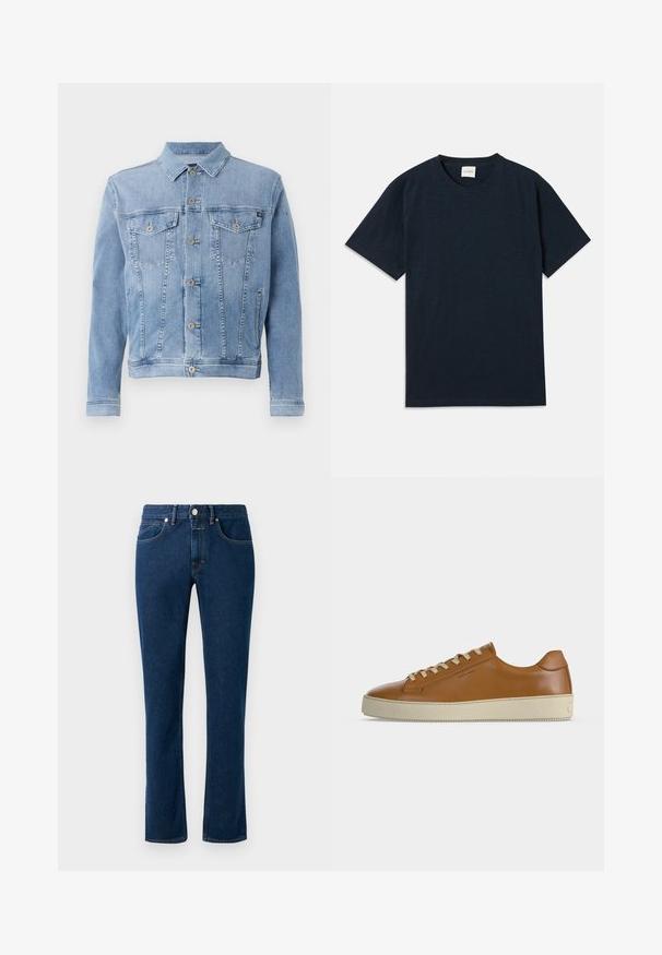 Lyseblå denimjakke med krave, seks knaplukninger, to brystlommer og minimal slid på stoffet.; Ensfarvet mørkeblå kortærmet t-shirt med rund hals og lille præget logo nær den nederste kant.; Mørkeblå denimjeans med et slankt lige ben design, klassisk fem-lomme stil og en knaplukning i taljen.; Lavtop brun læder sneaker med cremefarvede snørebånd og tyk cremefarvet gummisål vist i sideprofil på hvid baggrund.