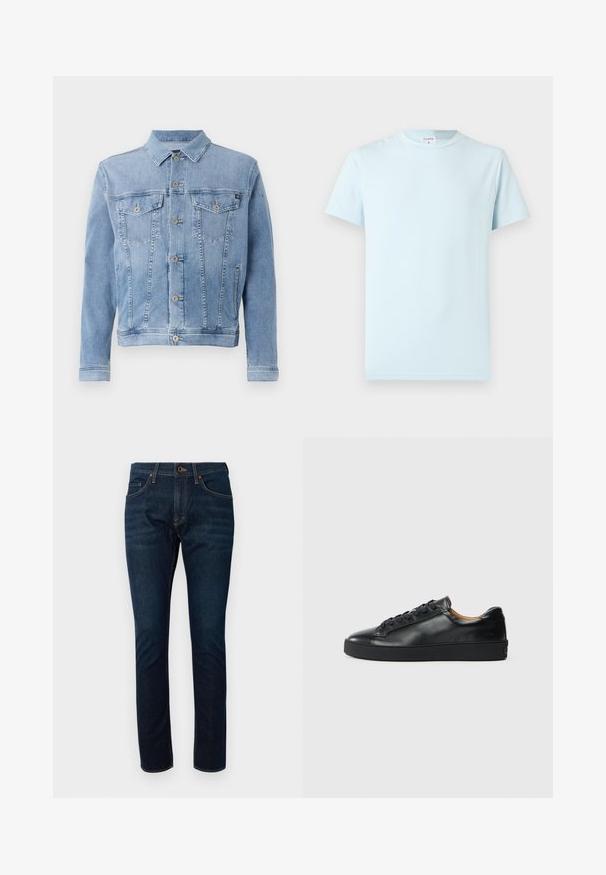 Hellblaues Jeansjacke mit Kragen, sechs Knöpfen, zwei Brusttaschen und minimalen Abnutzungserscheinungen auf dem Stoff.; Hellblaues T-Shirt mit kurzen Ärmeln aus weicher Baumwolle. Verfügt über einen klassischen Rundhalsausschnitt und ein minimalistisches Design ohne Muster oder Verzierungen.; Dunkelblaue Jeans aus Denim mit einer figurbetonten Passform, die fünf Taschen und kontrastierende Nähte aufweisen. Der Stoff hat eine glatte Textur.; Schwarze Leder-Sneaker mit glatter Textur, runder Zehenpartie und Schnürverschluss. Verfügt über eine dicke Gummisohle und minimalistische Marken-Details.