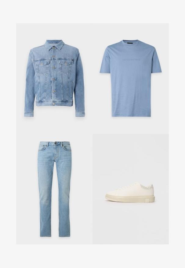 Hellblaues Jeansjacke mit Kragen, sechs Knöpfen, zwei Brusttaschen und minimalen Abnutzungserscheinungen auf dem Stoff.; Hellblaues T-Shirt mit kurzen Ärmeln und Rundhalsausschnitt mit dezent geprägtem Emporio Armani-Logo in der Mitte der Brust.; Hellblaue Jeans mit geradem Bein, Vordertaschen, Gürtelschlaufen und Knopfverschluss vor einfarbigem Hintergrund.; Weißer Sneaker mit einem glatten Obermaterial aus Canvas, flachen Schnürsenkeln, gepolstertem Kragen und einem strukturierten grauen Akzent an der Rückseite. Chunkige Gummisohle.