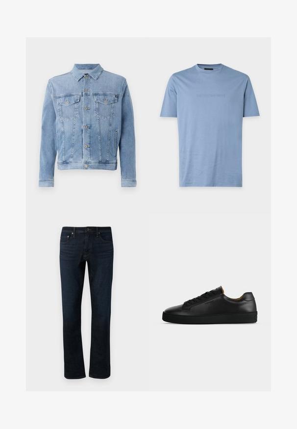 Lyseblå denimjakke med krave, seks knaplukninger, to brystlommer og minimal slid på stoffet.; Lyseblå T-shirt med korte ærmer og rund halsudskæring med subtilt prægede Emporio Armani-logo i midten af brystet.; Mørkeblå denimjeans med lige ben, der har et klassisk fem-lomme design og subtile syninger.; Sort lavtopet læder-sneaker med sorte snørebånd, tekstureret gummisål og lille præget logo på siden, vist i profil mod grå baggrund.