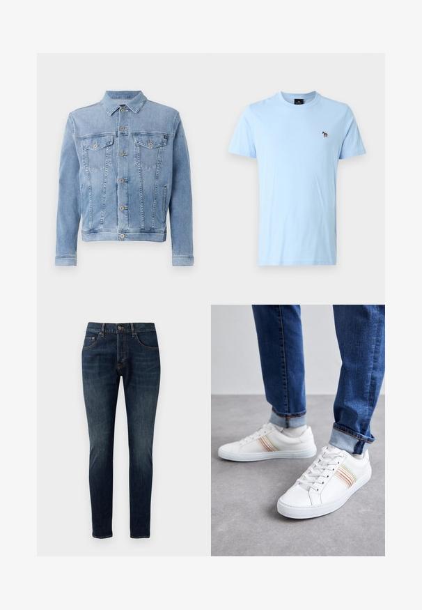 Hellblaues Jeansjacke mit Kragen, sechs Knöpfen, zwei Brusttaschen und minimalen Abnutzungserscheinungen auf dem Stoff.; Hellblaues Baumwoll-T-Shirt mit Rundhalsausschnitt, kurzen Ärmeln und einem kleinen gestickten Zebra-Detail auf der linken Brust.; Hoch geschnittene Jeans aus dunklem blauen Denim mit verblasster Textur, Fünf-Pocket-Design, Metallknopfverschluss und kontrastierenden Nähten.; Weiße Leder-Sneaker mit mehrfarbigen Streifen, Schnürdesign, Gummisohle und gepolstertem Kragen, kombiniert mit blauen Jeans.