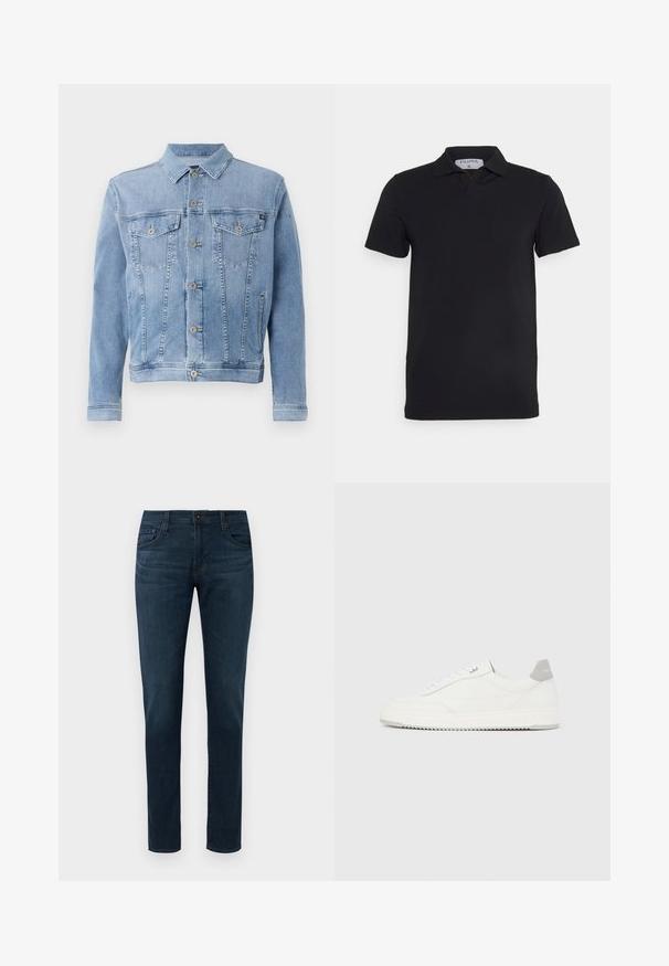 Hellblaues Jeansjacke mit Kragen, sechs Knöpfen, zwei Brusttaschen und minimalen Abnutzungserscheinungen auf dem Stoff.; Schwarzes kurzärmliges Polohemd mit klassischem Kragen, aus glattem Material. Verfügt über ein Etikett mit dem Markennamen 'Filippa K' am Kragen.; Dunkelblaue Slim-Fit-Jeans mit fünf Taschen, Knopf- und Reißverschluss vorne, vor einem weißen Hintergrund präsentiert.; Weißer Sneaker mit niedrigem Schaft, grauem Fersenlaschen, weißen Schnürsenkeln und einer strukturierten Sohle, dargestellt vor einem schlichten hellen Hintergrund.