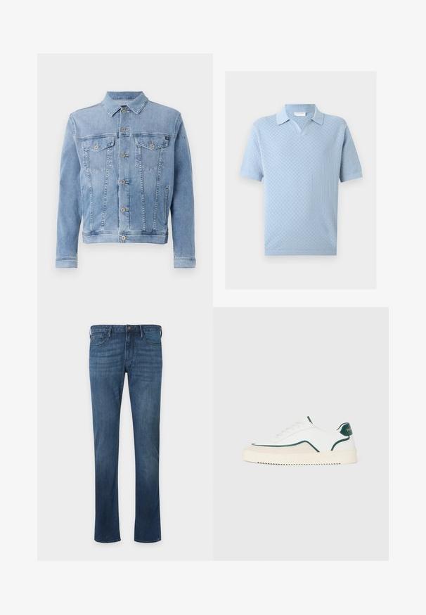Lyseblå denimjakke med krave, seks knaplukninger, to brystlommer og minimal slid på stoffet.; Lyseblå polo med korte ærmer med tekstureret ternet mønster og ribbet krave, manchetter og kant.; Blå straight-leg denim jeans med forlommer, bæltestropper og knaplukning, vist på en ensfarvet lys baggrund.; Hvide lavtop sneakers med grønne detaljer, beige ruskind og en cremefarvet sål med en rilllet bund.
