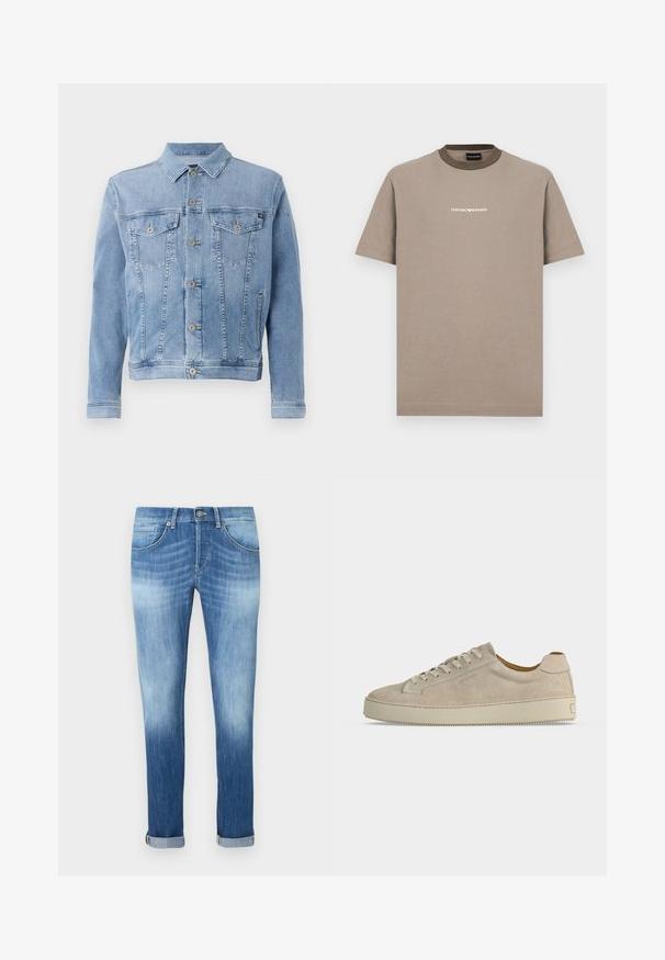Hellblaues Jeansjacke mit Kragen, sechs Knöpfen, zwei Brusttaschen und minimalen Abnutzungserscheinungen auf dem Stoff.; Braunes Baumwoll-T-Shirt mit kurzen Ärmeln und rundem Kragen. Verfügt über einen kontrastierenden dunkelbraunen Kragen und das weiße "EMPORIO ARMANI"-Logo.; Schmal geschnittene blaue Jeans mit umgeschlagenen Säumen, vorderer Knopfleiste und Taschennaht-Details, mit ausgewaschenem Look an Oberschenkeln und Unterschenkeln.; Beiger Wildleder-Low-Top-Sneaker mit Schnürverschluss und dicker Gummisohle, von der Seite auf weißem Hintergrund gezeigt.