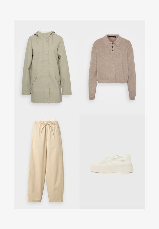 Lys beige vandtæt jakke med hætte, frontknaplukning, to sidelommer og justerbare snore i hætten. Glat tekstur.; Beige cropped sweater med ribbet tekstur, tre-knaps lukning og klassisk krave. Langærmede, blødt stof og afslappet design.; Beige bukser med vide ben, elastisk talje og snøre, lavet af let stof, velegnet til afslappet brug.; Hvide platform sneakers med en glat læderoverdel, syede detaljer og metalliske sidestænger. Rund tå og flad gummisål.