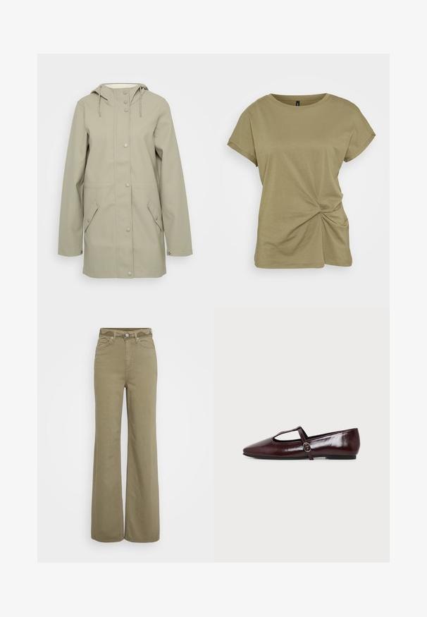 Veste imperméable beige clair avec capuche, fermeture à pression à l'avant, deux poches latérales et cordons réglables sur la capuche. Texture lisse.; T-shirt vert olive à manches courtes en coton doux, avec un détail de nœud tordu sur le côté, et un col rond côtelé.; Pantalons taille haute à jambe large en kaki avec poches avant et arrière, passants de ceinture et fermeture par bouton et zip.; Chaussure plate en cuir bordeaux foncé avec un bout pointu et une fine bride en T avec une boucle argentée sur fond blanc.