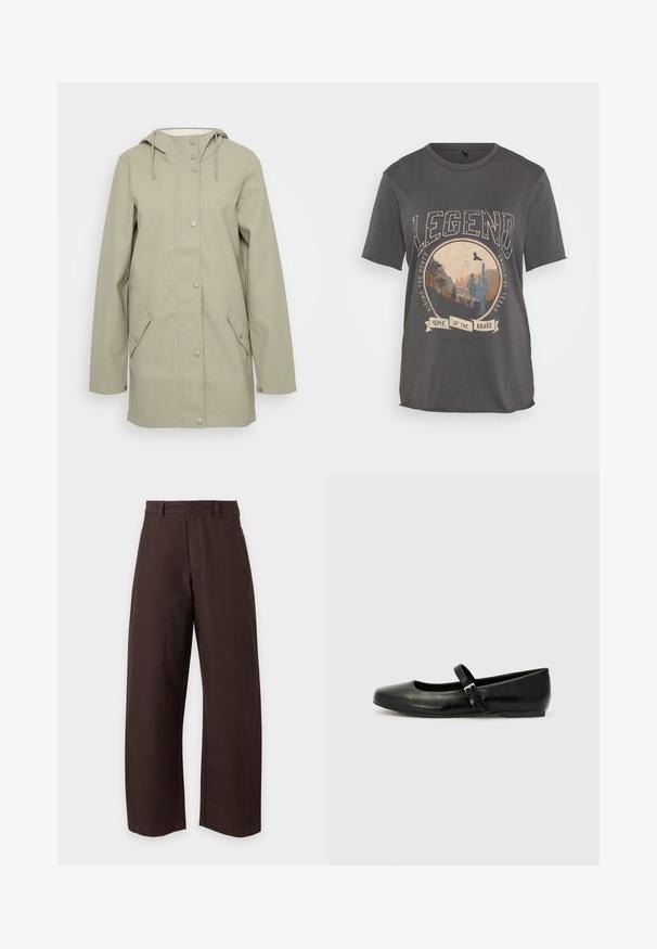 Lys beige vandtæt jakke med hætte, frontknaplukning, to sidelommer og justerbare snore i hætten. Glat tekstur.; Mørkegrå bomulds T-shirt med et cirkulært grafisk design, der viser en kaktus og bjerglandskab, samt teksten "LEGEND" og "HOME OF THE BRAVE."; Brune bukser med lige ben, bæltestropper og frontlynlås, vist mod en ensfarvet hvid baggrund.; Sorte læder balletflade med rund tå, flad sål og en tynd justerbar rem over svangen med en metalspænde.