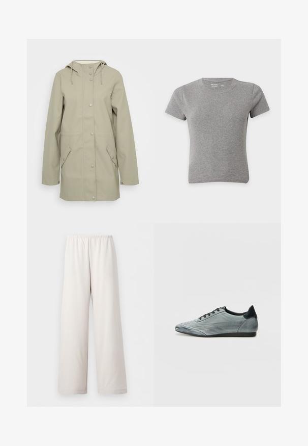 Lys beige vandtæt jakke med hætte, frontknaplukning, to sidelommer og justerbare snore i hætten. Glat tekstur.; En ensfarvet grå t-shirt med korte ærmer og rund halsudskæring i bomuld, lagt fladt på en hvid baggrund.; Løse cremebeige bukser med elastisk linning og lige vide ben, vist på hvid baggrund.; Lysegrå læder sneakers med et strømlinet design, der har stikninger, sorte snørebånd og en mørk hælaccent. Gummisål.