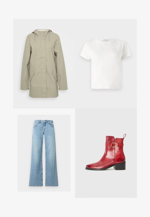 Lys beige vandtæt jakke med hætte, frontknaplukning, to sidelommer og justerbare snore i hætten. Glat tekstur.; Hvid bomulds T-shirt med korte ærmer, rund halsudskæring og en afslappet pasform. Etiketten er synlig ved kraven, glat tekstur. Enkel design, ingen mønstre.; Lyseblå højtaljede jeans med vide ben, forreste knap og lynlås, samt klassisk fem-lomme design.; Røde læder ankelstøvler med rund tå, en lynlås i siden og et dekorativt sort spænde. Glat tekstur og lav hæl.