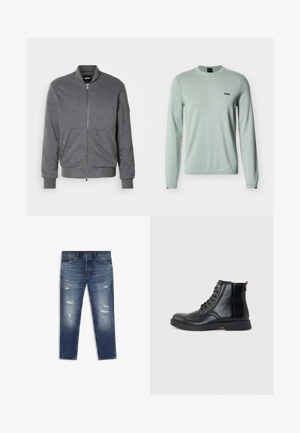 Grå bomberjakke lavet af blødt stof, med lynlås foran, ribbede manchetter og to frontlommer. Enkelt design med minimal branding.; Lysegrøn langærmet crewneck-trøje med ribbet manchetter og "BOSS"-logo på venstre bryst mod en hvid baggrund.; Blå slidte denim jeans med forlommer, bæltestropper og synligt falmede og revnede områder på lårene og knæene.; Sort læderankelstøvle med snørelukning foran, rundet tå, flad sål og træksløjfe bagpå på en ensartet lys grå baggrund.