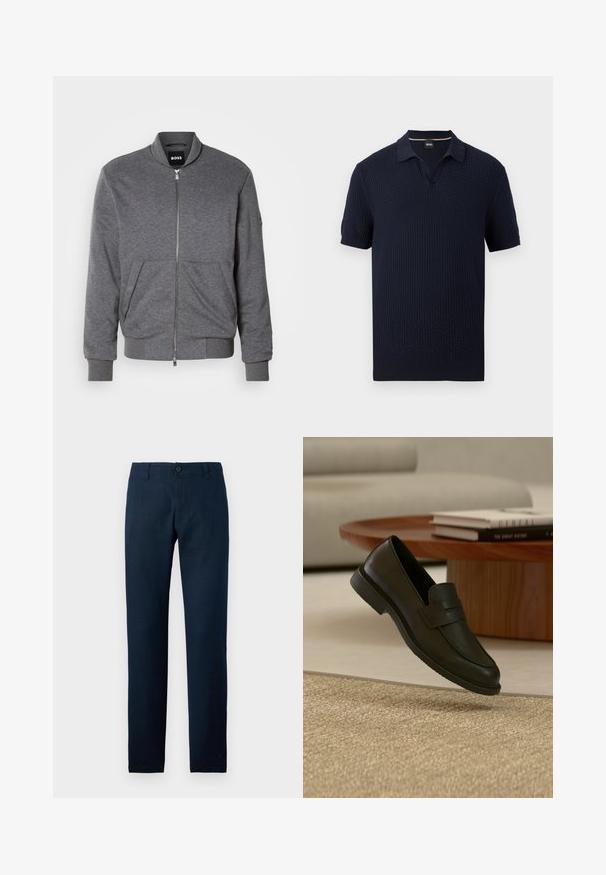 Grå bomberjakke lavet af blødt stof, med lynlås foran, ribbede manchetter og to frontlommer. Enkelt design med minimal branding.; Marineblå tekstureret kortærmet poloshirt med åben krave og ribstrikkede manchetter og kant, mærket BOSS.; Marineblå bukser med lige ben, bæltestropper, knaplukning og lynlås, afbildet mod en ensartet lys baggrund.; Sort læderloafer vist i luften over en beige vævet tæppe, med et træbord og stablede bøger i et blødt oplyst stue.