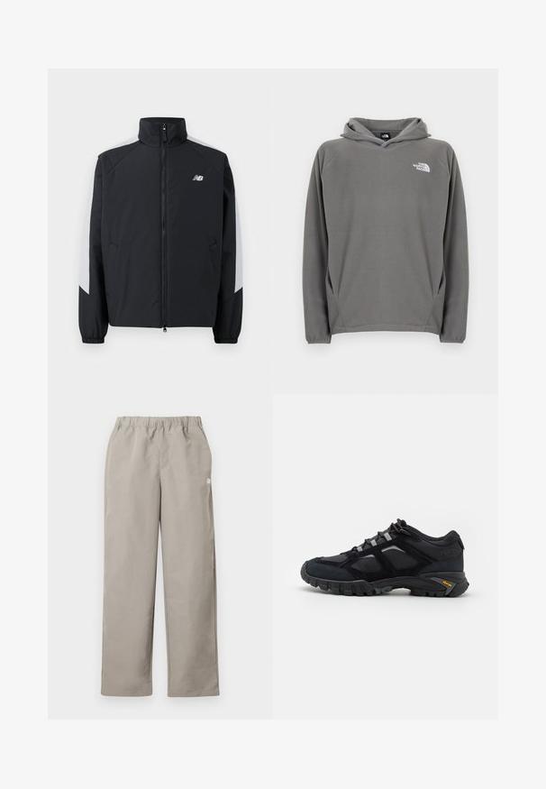 Zwarte jas met een hoge kraag, een rits aan de voorkant en grijze accenten op de schouders. Voorzien van elastische manchetten en zijzakken.; Grijze fleece hoodie met een voorzak, verstelbare capuchon met trekkoord en een klein wit logo op de linkerborst.; Beige rechte broek met elastische tailleband en een klein wit logo op het rechter zijnnaad.; Zwarte buitenschoen van suede en mesh met een robuuste zool. Voorzien van grijze accenten en Vibram-logo op de zijkant. Vetersluiting.