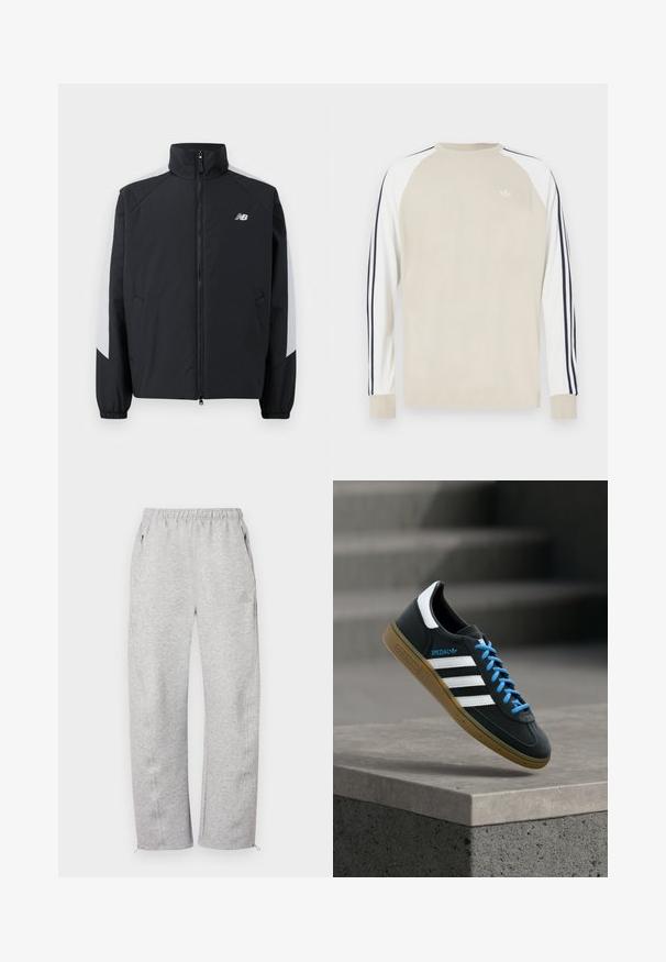 Zwarte jas met een hoge kraag, een rits aan de voorkant en grijze accenten op de schouders. Voorzien van elastische manchetten en zijzakken.; Beige shirt met lange mouwen, witte raglanmouwen en marineblauwe strepen langs de zijkanten. Heeft een klein wit logo op de borst.; Grijze joggingbroek met elastische tailleband, zijzakken en ritsen aan de pijpen, gemaakt van zachte stof met een gladde textuur. Subtiel logodetail.; Zwarte Adidas-sneaker met witte strepen, blauwe veters en een gumzool die boven een grijze betonnen trede zweeft in zacht licht.