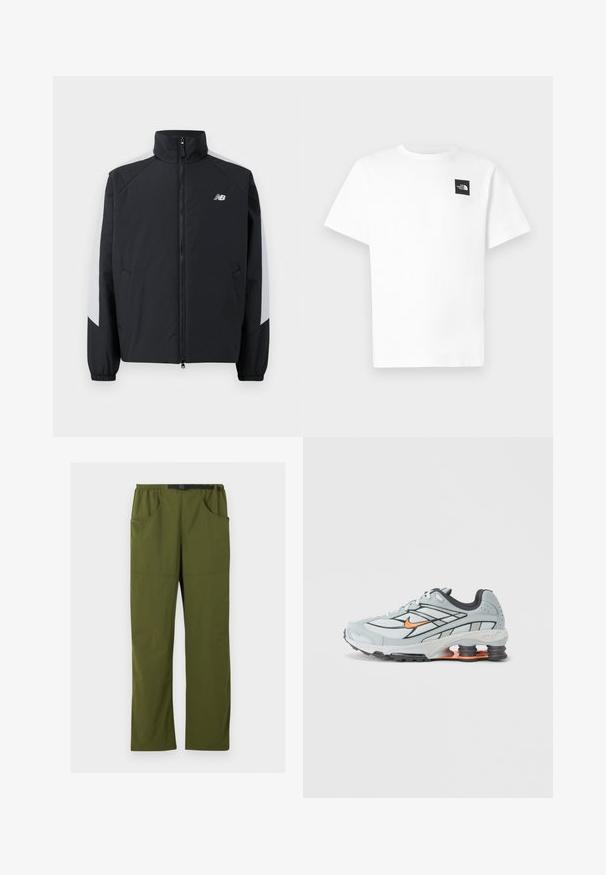 Zwarte jas met een hoge kraag, een rits aan de voorkant en grijze accenten op de schouders. Voorzien van elastische manchetten en zijzakken.; Wit katoenen T-shirt met korte mouwen, voorzien van een zwart vierkant logo op de linkerborst en een ronde hals.; Olijfgroene rechte broek met elastische tailleband en zwarte verstelbare gesp, voor- en zijzakken, detail met naad aan de voorkant.; Lichtgrijze hardloopschoen met zwarte accenten, oranje logo, bovenwerk van mesh, gevoerde kraag en rubberen zool met zichtbare schokabsorberende elementen.