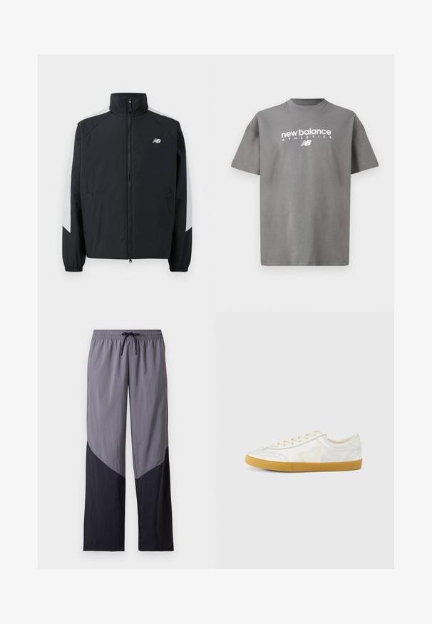 Zwarte jas met een hoge kraag, een rits aan de voorkant en grijze accenten op de schouders. Voorzien van elastische manchetten en zijzakken.; Grijs katoenen t-shirt met een ronde hals, korte mouwen en een witte "new balance ATHLETICS"-logo gedrukt op de voorkant.; Lichtgrijze en zwarte casual broek met colorblocking, een elastische tailleband en een zwarte trekkoord aan de voorkant.; Witte leren sneaker met een gladde textuur, voorzien van een beige 'V' logo, ronde neus, vetersluiting en een zool van gumrubber.