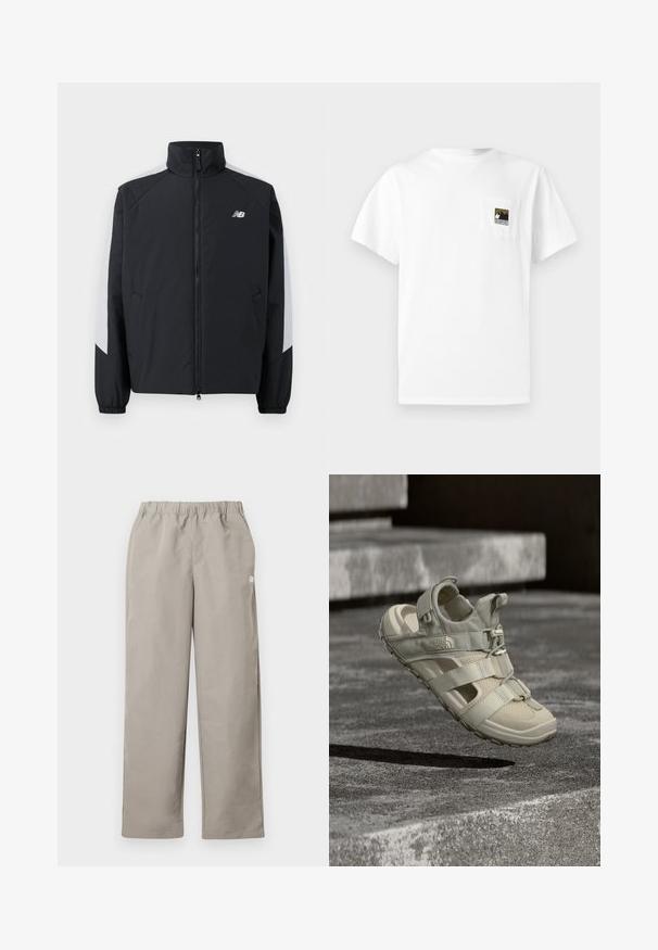 Zwarte jas met een hoge kraag, een rits aan de voorkant en grijze accenten op de schouders. Voorzien van elastische manchetten en zijzakken.; Wit katoenen t-shirt met korte mouwen en een borstzakje met een berglogo in zwart en goud. Eenvoudig, onopgesmukt ontwerp.; Beige rechte broek met elastische tailleband en een klein wit logo op het rechter zijnnaad.; Beige buitensandaal gemaakt van lichtgewicht materiaal, met meshpanelen, verstelbare riemen en een textuurrubber zool met een profielpatroon.