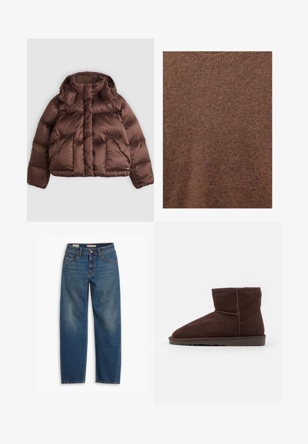 Doudoune brune avec un col haut, des boutons-pression et deux poches avant. Fabriquée en tissu brillant matelassé avec un design court.; Pull marron en laine tricotée avec encolure ras du cou côtelée et tissu à texture douce.; Jeans en denim bleu avec une coupe décontractée, featuring une taille haute, des jambes droites, des coutures visibles et un petit accent sur le genou gauche.; Bottines en daim marron avec un bout arrondi et un intérieur doux, dotées d'une semelle en caoutchouc plate et d'accents de couture ton sur ton.