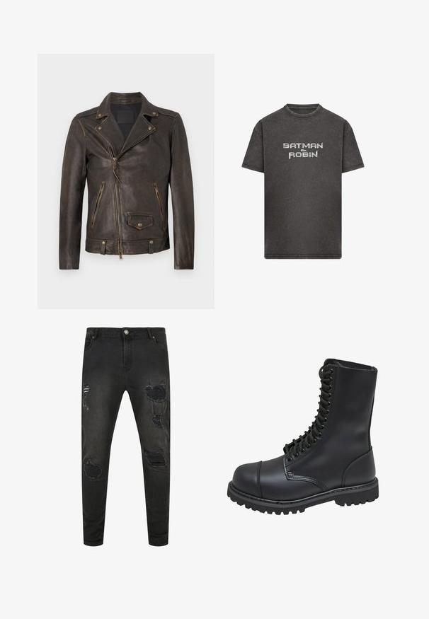 Donkerbruine leren motorjas met asymmetrische frontrits, twee ritssluiting zijzakken en één klepzak met drukknop aan de voorkant.; Koolstofgrijs T-shirt met korte mouwen, verweerde stof en de tekst "BATMAN & ROBIN" in lichtgrijs gedrukt op de voorkant in het midden.; Zwarte denim jeans met een slim fit, met verouderde details, scheuren en vervaagde delen. Standaard vijf-pocket ontwerp met metalen knoopsluiting.; Zwarte leren gevechtslaars met een hoge schacht, vetersluiting aan de voorkant, gewatteerde kraag en een stevige, gestructureerde zool voor grip. Bevat een versterkte neus.