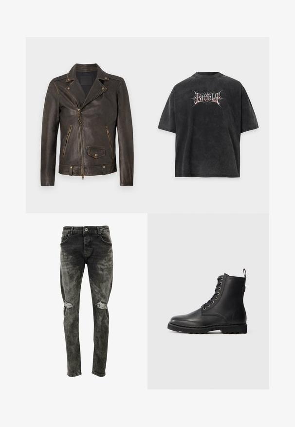 Donkerbruine leren motorjas met asymmetrische frontrits, twee ritssluiting zijzakken en één klepzak met drukknop aan de voorkant.; Zwart oversized T-shirt met vervaagde textuur en gestileerde witte en rode tekst "Fadella" gecentreerd aan de voorkant.; Slim-fit, vervaagd zwarte jeans van denim met versleten knieën. Bevat standaardzakken en een knoopsluiting.; Zwarte leren enkellaars met ronde neus, vetersluiting en metalen oogjes. Beschikt over een gestructureerde zool en een trekstrip aan de hiel voor gemakkelijk aan- en uittrekken.