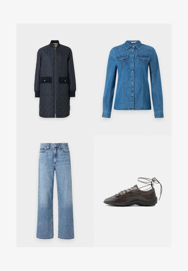 Marineblauwe gewatteerde lange jas met een geribde kraag, een ritssluiting aan de voorkant en twee grote voorzakken. Kenmerkt zich door een gladde textuur en accentstiksel.; Denim overhemd in een medium blauwe kleur, met een knoopsluiting aan de voorkant, twee borstzakken en een kraag. Glad textuur met decoratieve stiksel.; Lichtblauwe high-waist wijde jeans met zilveren studs als versiering, een knoopsluiting aan de voorkant, rits en een ontwerp met vijf zakken.; Bruine leren sneaker met zwarte zool en lange veters om de enkel gewikkeld, zijaanzicht op een witte achtergrond.