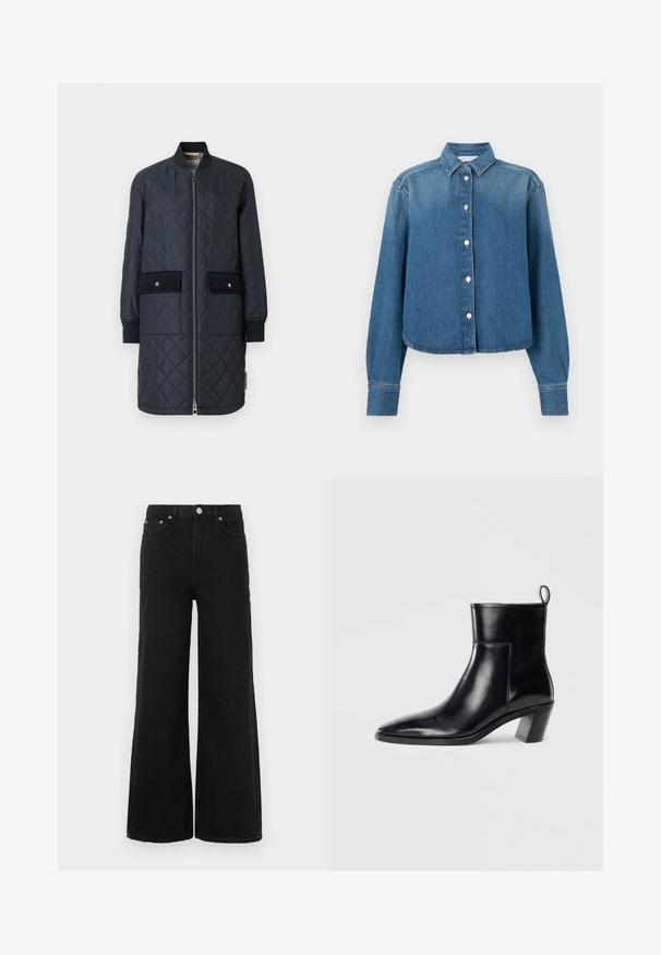Marineblauwe gewatteerde lange jas met een geribde kraag, een ritssluiting aan de voorkant en twee grote voorzakken. Kenmerkt zich door een gladde textuur en accentstiksel.; Blauw denimhemd met een kraag, lange mouwen en een knoopsluiting aan de voorkant. Heeft een cropped zoom en een subtiele textuur.; Zwarte wijde spijkerbroeken van denim; voorzien van een hoge taille, voorzakken en een knoopsluiting. Geen zichtbare patronen of versieringen.; Zwarte leren enkelboot met een spitse neus, een geometrische gestapelde hak en een trekband aan de achterkant. Gladde textuur en slank ontwerp.