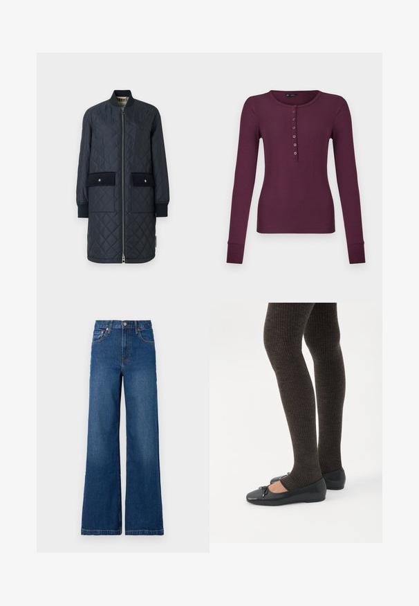 Marineblauwe gewatteerde lange jas met een geribde kraag, een ritssluiting aan de voorkant en twee grote voorzakken. Kenmerkt zich door een gladde textuur en accentstiksel.; Donkerpaarse ribbelgebreide henley-shirt met lange mouwen, zeven knopen en manchetten.; GAP STRIDE SUTTON - Wide leg - dark wash; Benen met donkere geribbelde leggings gecombineerd met zwarte ballerina's met kleine strikdetails op een witte achtergrond.