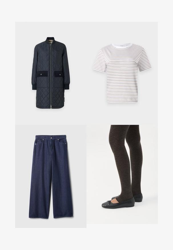 Marineblauwe gewatteerde lange jas met een geribde kraag, een ritssluiting aan de voorkant en twee grote voorzakken. Kenmerkt zich door een gladde textuur en accentstiksel.; Witte korte mouwen t-shirt met horizontale beige strepen. Ronde hals ontwerp, gemaakt van zacht materiaal, met een ontspannen pasvorm en standaard zoom.; Donkere blauwe denim jeans met wijde pijpen, een gladde textuur, ontwerp met vijf zakken, metalen knoopsluiting en gestikte details langs de naden.; Benen met donkere geribbelde leggings gecombineerd met zwarte ballerina's met kleine strikdetails op een witte achtergrond.
