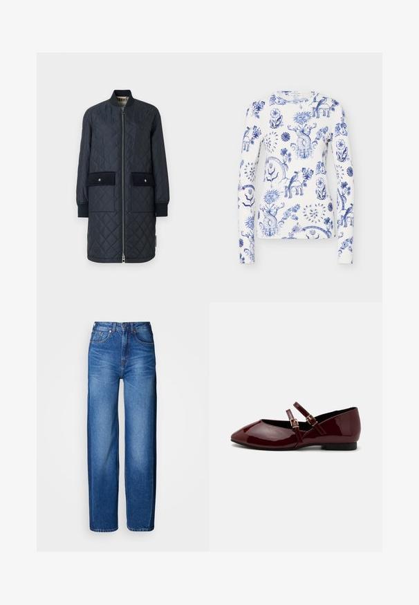 Marineblauwe gewatteerde lange jas met een geribde kraag, een ritssluiting aan de voorkant en twee grote voorzakken. Kenmerkt zich door een gladde textuur en accentstiksel.; Witte lange mouw blouse met blauwe ingewikkelde bloem-, zon-, hart-, vogel- en speelse mythische wezenspatronen over de stof.; Blauwe denim wijde jeans met een hoge taille, voorzien van vijf zakken, lussen voor een riem en subtiele vervaging, gestikt met lichtere draad.; Anna Field Ballerina's met enkelbandjes - dark red