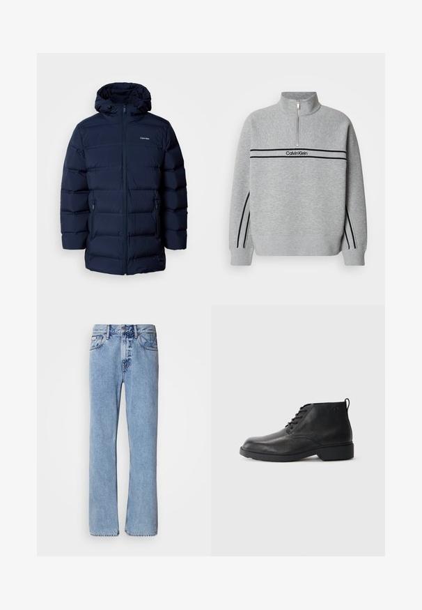 Marineblau gepolsterte Jacke mit Kapuze, ausgestattet mit einem Frontreißverschluss, elastischen Bündchen und zwei Seitentaschen. Der Stoff hat eine glatte Textur.; Grauer Sweatshirt mit Reißverschluss und hohem Kragen. Verfügt über schwarze Streifen und ein Logo auf der Brust. Weicher, strukturierter Stoff. Lässiges Design.; Hellblaue Jeans aus Denim mit geradem Bein, fünf Taschen und Knopfverschluss. Nähte in der Nähe der Taschen und des Bundes.; Schwarze Lederstiefel mit strukturierter Oberfläche, runder Zehenpartie, Schnürung vorne und einer robusten Gummisohle. Verfügt über eine kleine Zuglasche an der Rückseite.