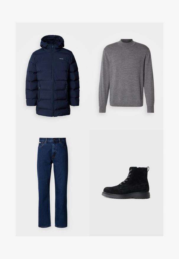 Marineblauwe gewatteerde jas met capuchon, voorzien van een ritssluiting aan de voorkant, elastische manchetten en twee zijzakken. De stof heeft een gladde textuur.; Grijze lange mouw sweater gemaakt van gebreid materiaal, met een opstaande kraag en een subtiele logo op de borst. Gladde textuur en aansluitend ontwerp.; Donkerblauwe jeans met rechte pijpen van denim, met een klassiek ontwerp van vijf zakken, subtiele stiksels en een knoopsluiting aan de voorkant.; Zwarte suède enkellaarsjes met een gestructureerde oppervlakte, ronde neus, grijze veters en een stevige zwarte zool. Voorzien van een klein lusje achteraan.