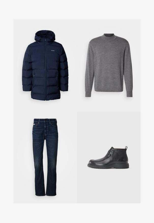Chaqueta acolchada azul marino con capucha, que presenta un cierre frontal con cremallera, puños elásticos y dos bolsillos laterales. La tela tiene una textura suave.; Suéter gris de manga larga hecho de material de punto, con cuello alto y un logo sutil en el pecho. Textura suave y diseño ajustado.; Jeans de mezclilla azul oscuro con un diseño de pierna recta, que presentan un desgaste sutil, un cierre de botón y un estilo clásico de cinco bolsillos.; Botas de cuero negras hasta el tobillo con punta redondeada, diseño con cordones y una lengüeta en la parte trasera. Parte superior texturizada y suela de goma.