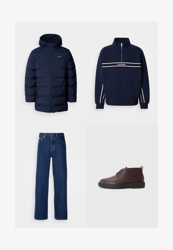 Mørkeblå polstret jakke med hætte, med frontlynlås, elastiske manchetter og to sidelommer. Stoffet har en glat tekstur.; Marineblå sweatshirt med en halvlange lynlås, hvide striber over brystet og branding i midten. Strikket tekstur med ribbede manchetter.; Mørkeblå denimjeans med et bredt ben-design, der har en knaplukning og klassisk fem-lomme styling. Stoffet har en glat tekstur.; Mørkerød læder ankelstøvle med rund tå, to øjer til snørebånd, struktureret sort sål og en tabs til at trække i hælen.