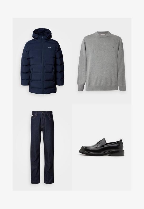 Chaqueta acolchada azul marino con capucha, que presenta un cierre frontal con cremallera, puños elásticos y dos bolsillos laterales. La tela tiene una textura suave.; Suéter de cuello redondo gris claro hecho de tejido de punto. Presenta puños y dobladillo acanalados, con un pequeño logo negro en el lado izquierdo del pecho.; Vaqueros de mezclilla azul oscuro con un diseño de pierna recta, que presentan un cierre de botón, cinco bolsillos y detalles de costura en contraste.; Calvin Klein MOCCASIN - Mocasines elegantes - black