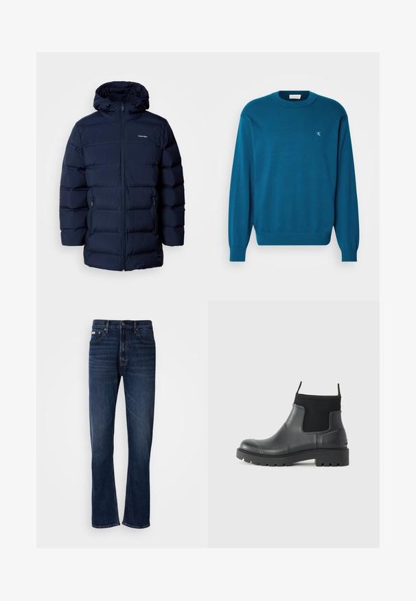 Marineblau gepolsterte Jacke mit Kapuze, ausgestattet mit einem Frontreißverschluss, elastischen Bündchen und zwei Seitentaschen. Der Stoff hat eine glatte Textur.; Türkiser Strickpullover mit rundem Kragen, langen Ärmeln und geripptem Saum. Verfügt über ein kleines Logo in der oberen linken Ecke. Weiche Textur.; Dunkelblaue Denim-Jeans mit geradem Bein-Design, ausgestattet mit fünf Taschen, einem Reißverschluss und Kontrastnähten. Strukturiertes Material mit glatter Oberfläche.; Schwarze Knöchelstiefel aus Gummi mit matter Oberfläche, die ein schlankes Design, elastische Einsätze und eine robuste Sohle für bessere Bodenhaftung bieten.