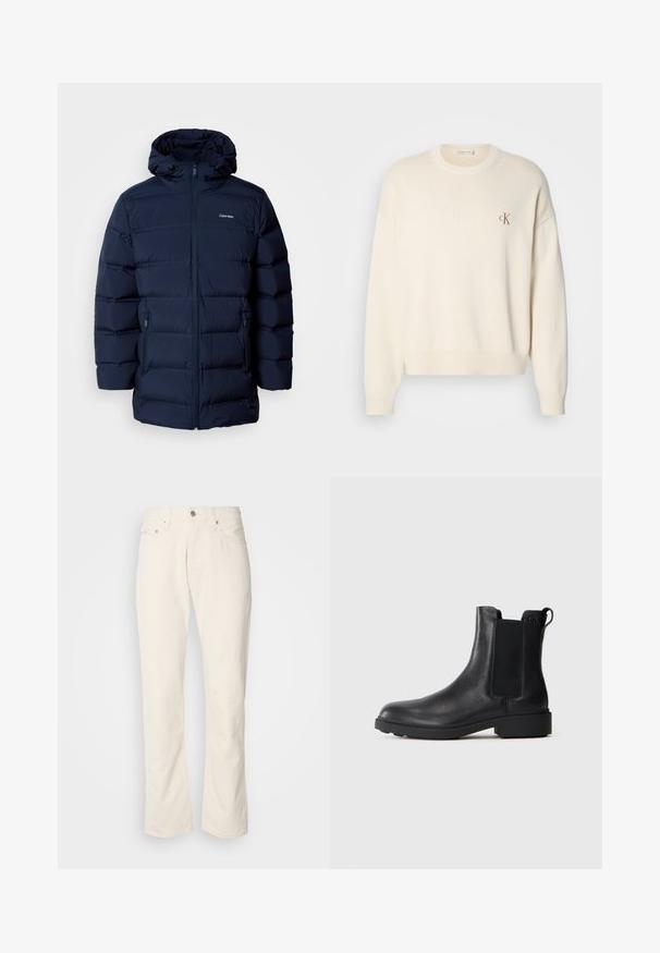 Mørkeblå polstret jakke med hætte, med frontlynlås, elastiske manchetter og to sidelommer. Stoffet har en glat tekstur.; Kremfarvet strikket sweater med ribbet tekstur, rund halsudskæring og drop-skuldrer. Har et lille brunt broderet logo på brystet.; Beige bomuldsjeans med et klassisk lige ben-design, der har en forreste knaplukning, fem lommer og diskrete syninger.; Sort læder ankelstøvle med elastiske sidepaneler, træksnor ved hælen og lav bloksål mod en ensfarvet baggrund.
