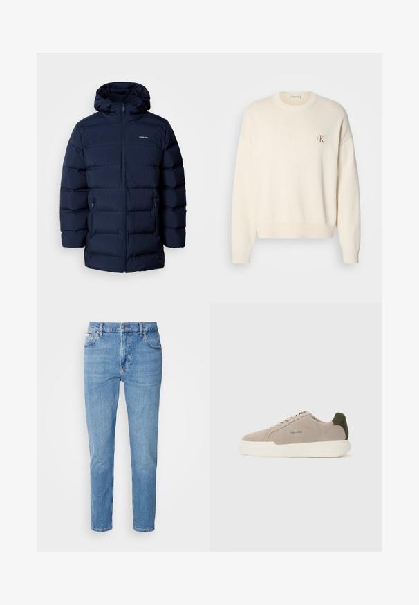 Mørkeblå polstret jakke med hætte, med frontlynlås, elastiske manchetter og to sidelommer. Stoffet har en glat tekstur.; Kremfarvet strikket sweater med ribbet tekstur, rund halsudskæring og drop-skuldrer. Har et lille brunt broderet logo på brystet.; Lys blå denim jeans med lige snit, fem-lomme design og subtilt slid. Har knaplukning og bæltestropper.; Beige ruskinds sneakers med en hvid gummisål, der har en mørkegrøn hælaccent og subtil branding på siden.