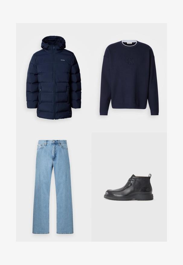 Mørkeblå polstret jakke med hætte, med frontlynlås, elastiske manchetter og to sidelommer. Stoffet har en glat tekstur.; Marineblå strikket sweater med rund hals, ribbet krave og subtilt broderet "ck" logo på forsiden. Lange ærmer, løs pasform.; Lyseblå straight-leg jeans i denim med fem-lomme-design og knaplukning i taljen, vist mod en ensfarvet baggrund.; Sorte læder ankelstøvler med rund tå, snørelukning og en løkke bagpå. Tekstureret overdel og gummisål.