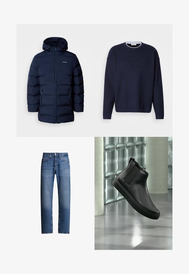 Marineblau gepolsterte Jacke mit Kapuze, ausgestattet mit einem Frontreißverschluss, elastischen Bündchen und zwei Seitentaschen. Der Stoff hat eine glatte Textur.; Marineblaue Strickjacke mit Rundhalsausschnitt, geripptem Kragen und dezent gesticktem "ck"-Logo auf der Vorderseite. Lange Ärmel, lockere Passform.; Blaue Jeans aus Denim mit geradem Schnitt, fünf Taschen und Reißverschluss. Verfügt über eine leichte Ausbleichung und Nähte entlang der Nähte.; Schwarzer Lederknöchel-Stiefel mit elastischen Seitenteilen, der über einem polierten Betonboden und Glasbausteinen im Hintergrund schwebt.
